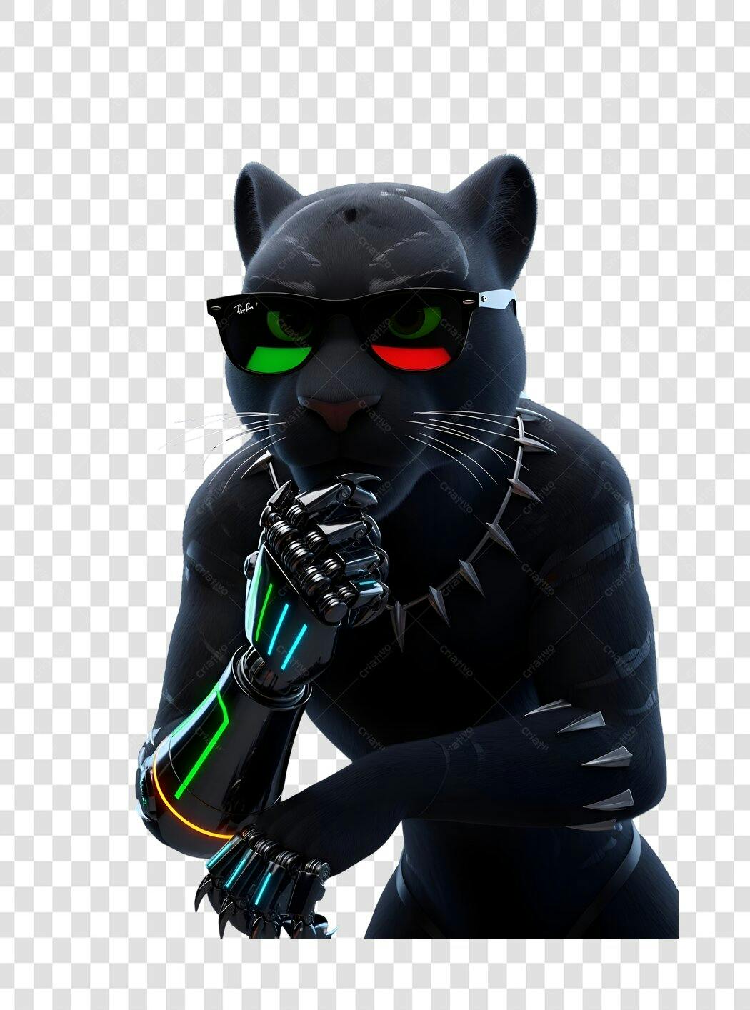 Mascote Digital Pantera Negra cibernética com óculos neon preto PNG com fundo transparente