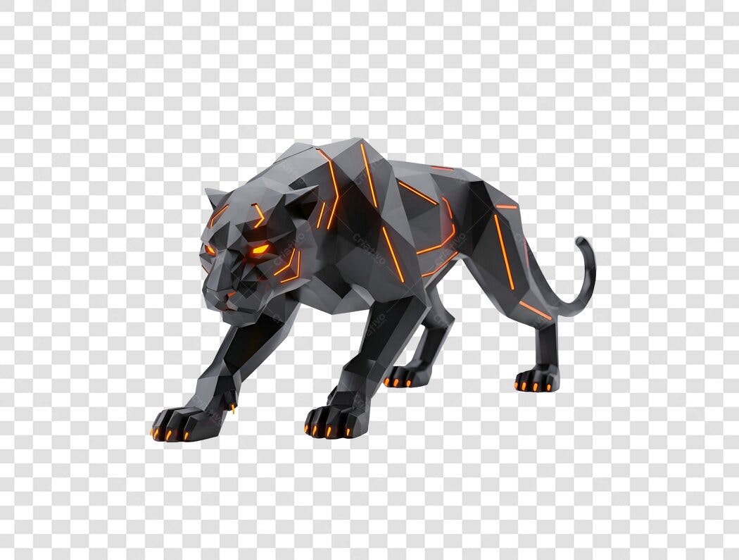 Ilustração 3D Pantera Geométrica Preta Laranja PNG com fundo transparente