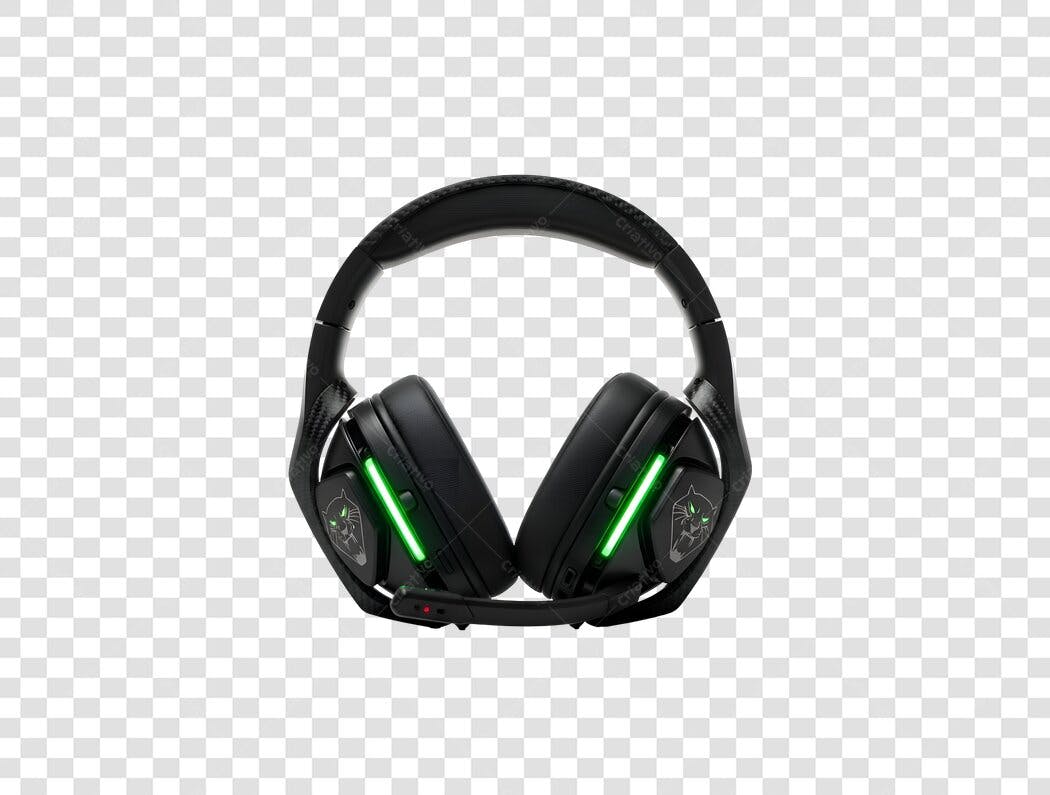 Fone de ouvido gamer preto com luzes verdes LED e microfone PNG com fundo transparente