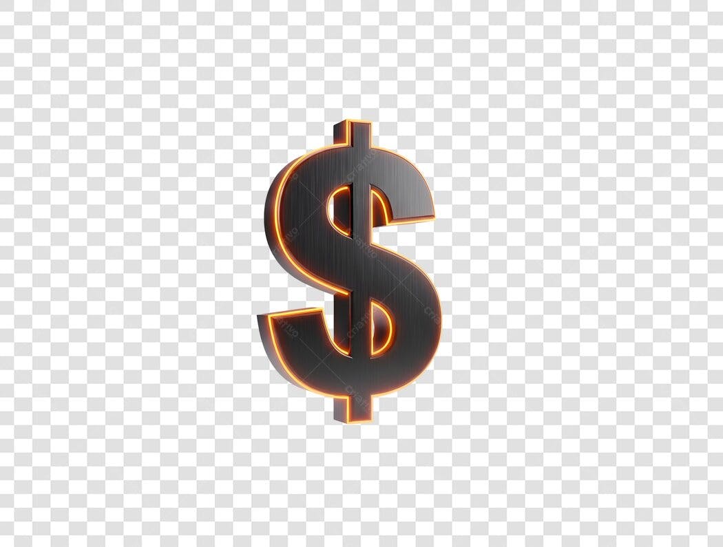 Ícone Dólar 3D Metálico Cinza com Borda Neon Laranja PNG com fundo transparente