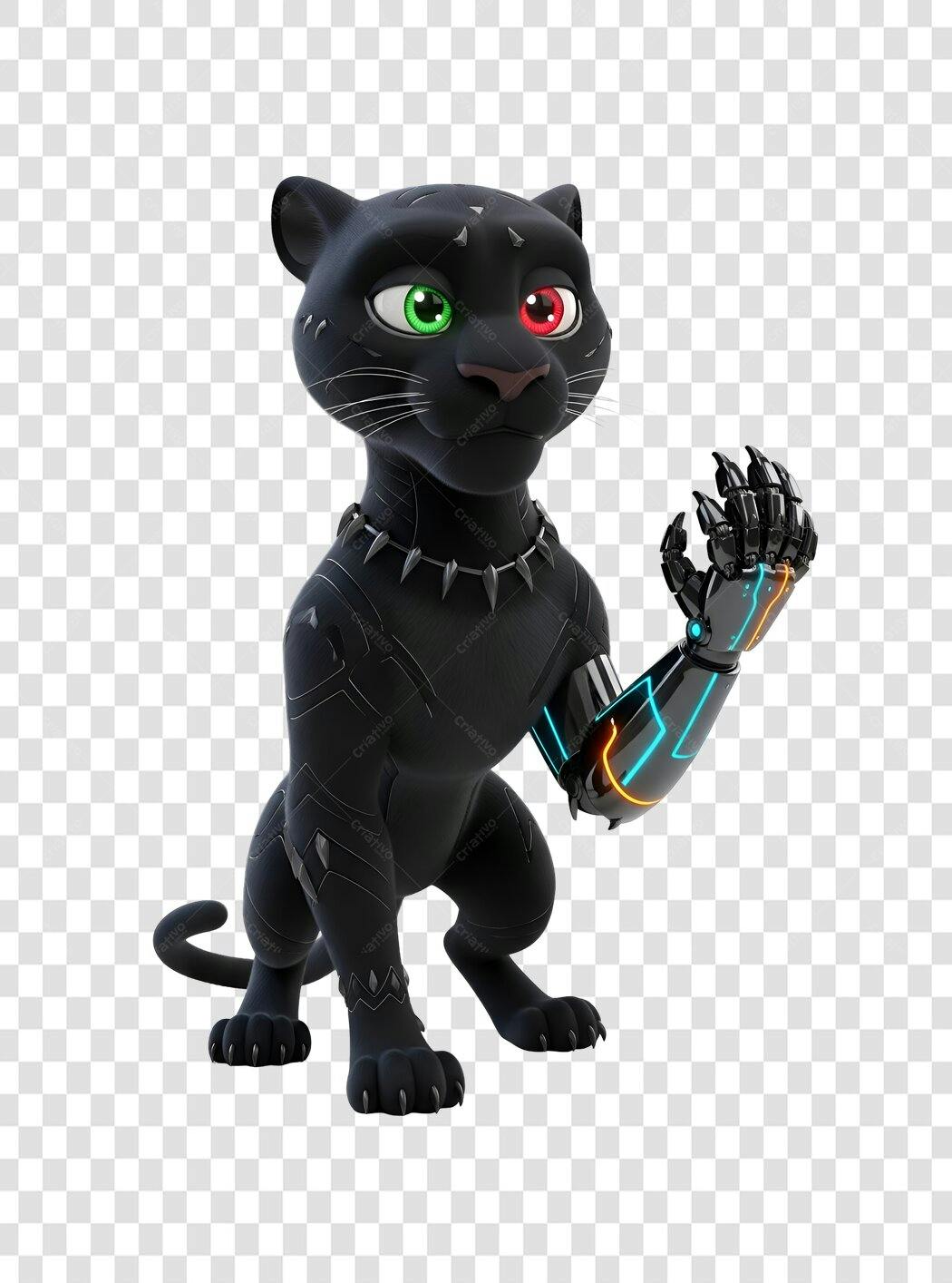 Ilustração 3D Pantera Negra Cibernética Braço Biônico Olhos Bicolores PNG com fundo transparente
