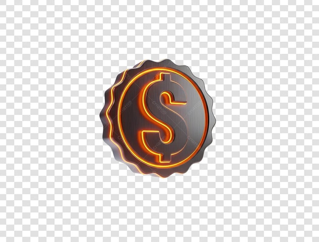 Selo financeiro símbolo dólar laranja neon metálico PNG com fundo transparente