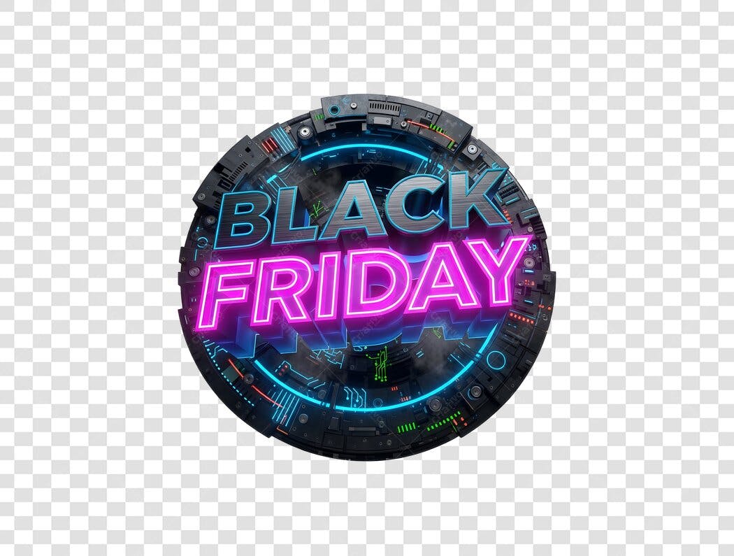Selo Black Friday Neon Azul Rosa Tecnologia PNG com fundo transparente