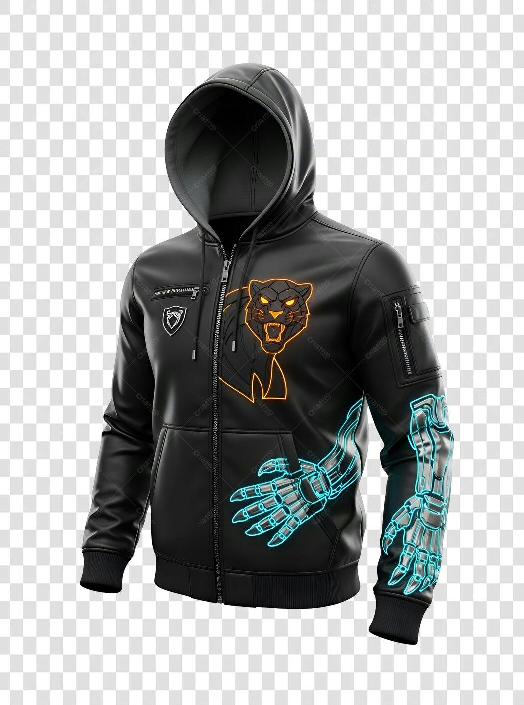 Vestuário Jaqueta Moletom Gamer Pantera Neon Braço Robótico PNG com fundo transparente