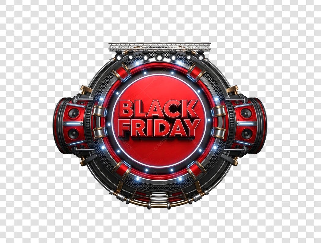 Selo promocional Black Friday 3D com luzes neon vermelho e preto PNG com fundo transparente
