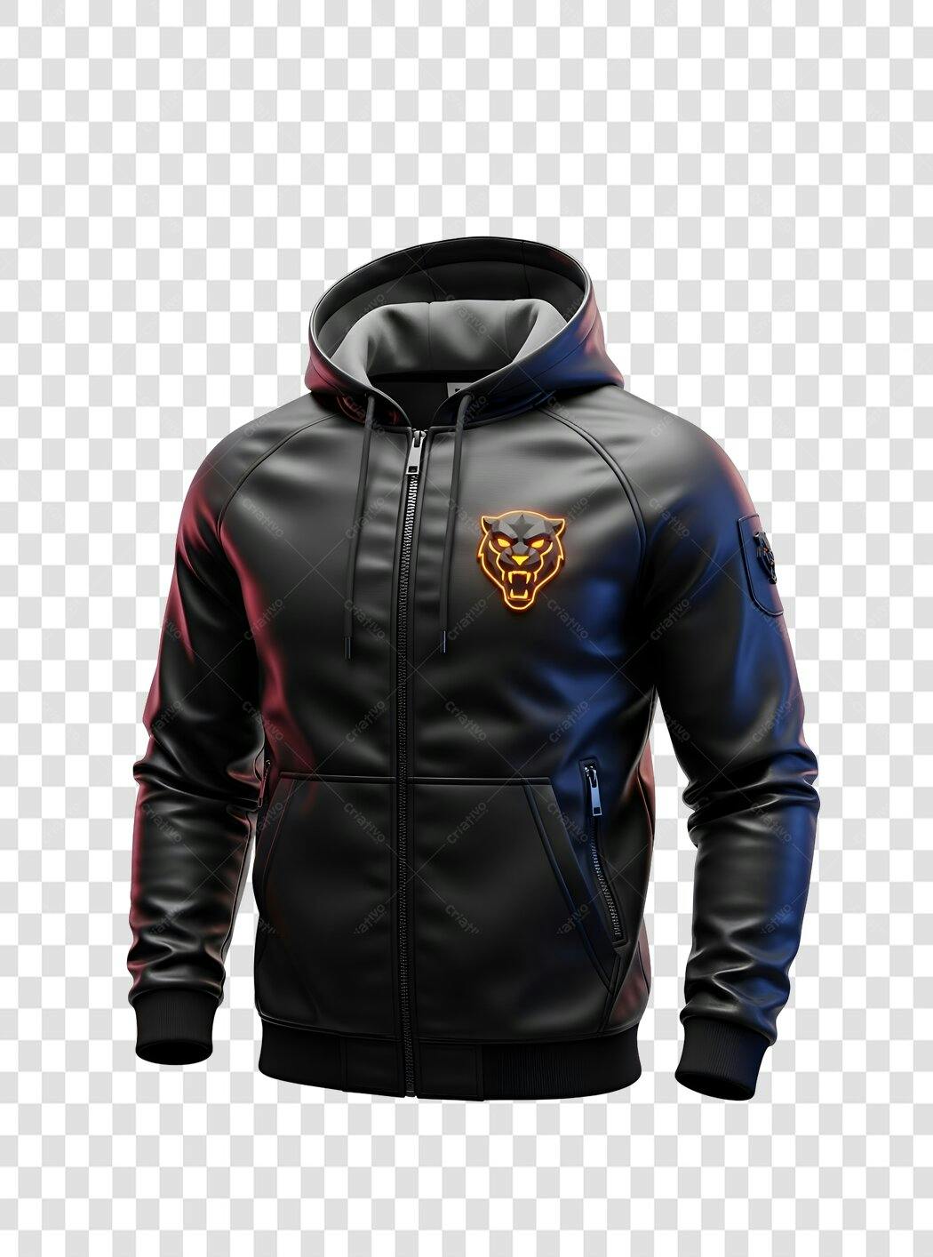 Jaqueta moletom preta com logo de pantera neon PNG com fundo transparente