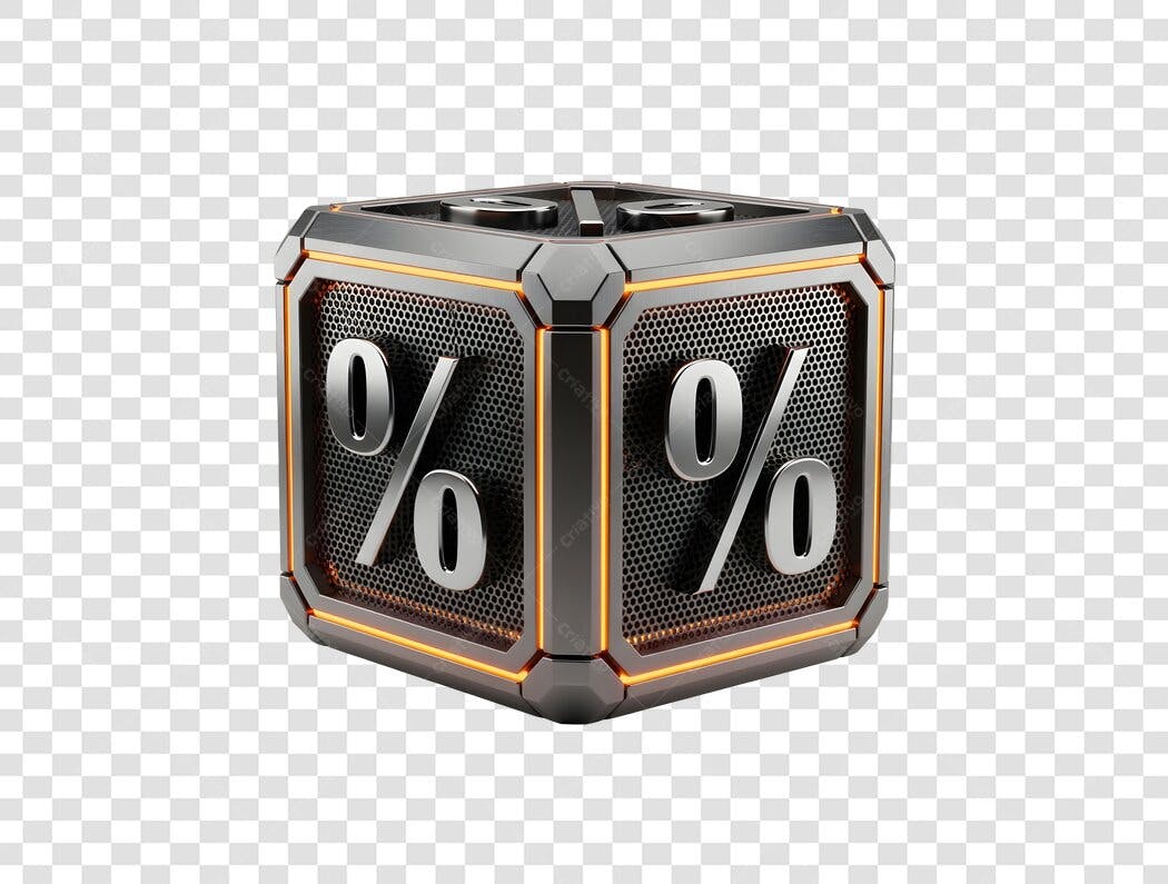 Elemento Gráfico Cubo de Porcentagem 3D Metálico Laranja e Preto PNG com fundo transparente