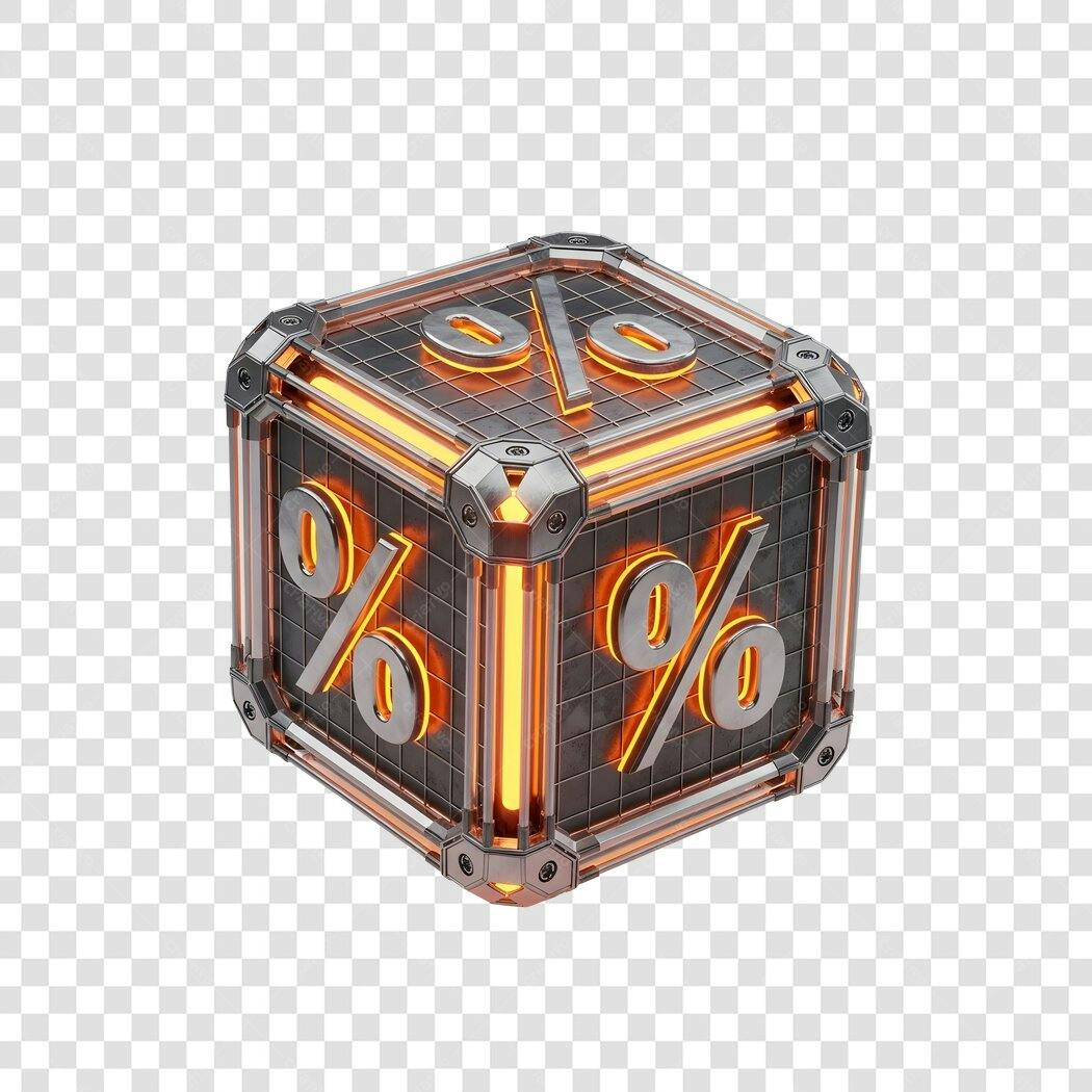 Elemento 3D Cubo Percentagem Laranja Neon Metálico para Promoção PNG com fundo transparente