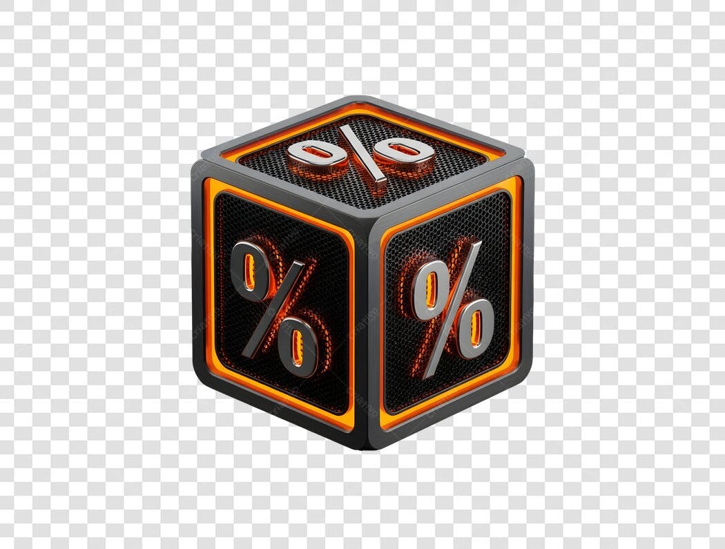 Selo de Desconto 3D Porcentagem Laranja Metálico PNG com fundo transparente