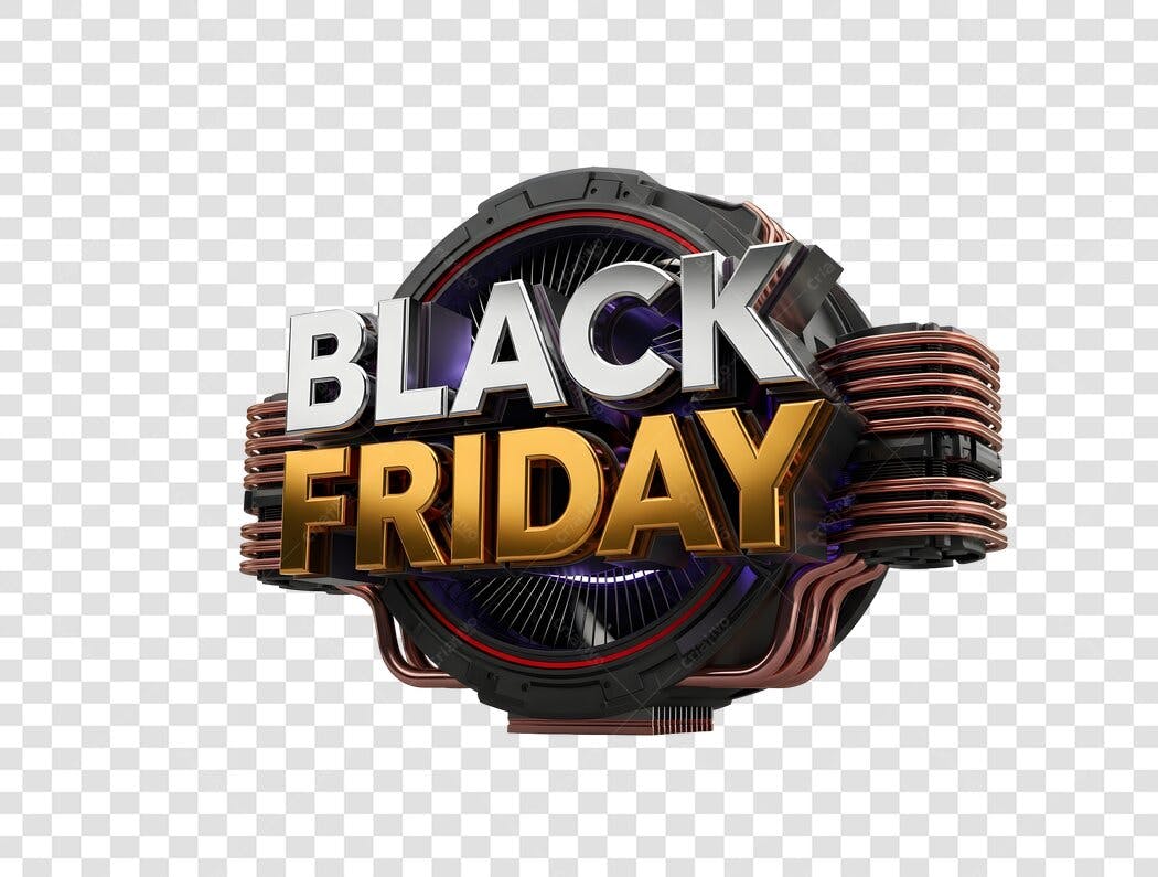 Selo 3D Black Friday metálico ouro e prata industrial PNG com fundo transparente