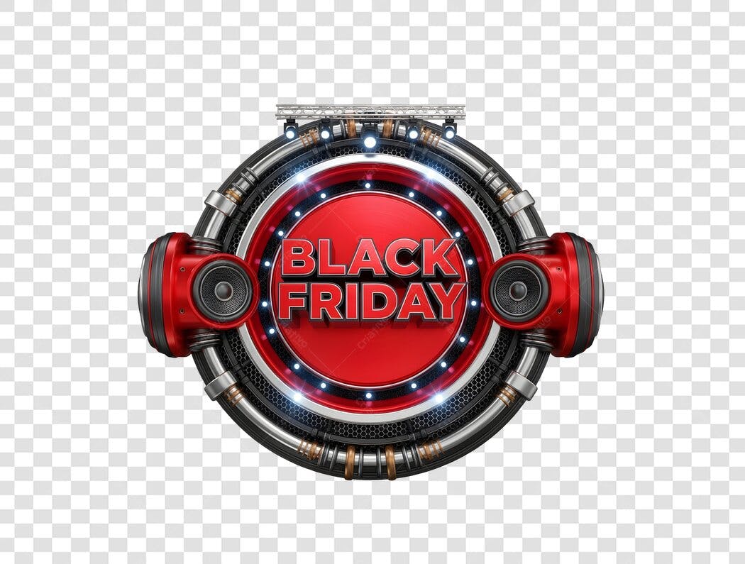 Selo Promocional Black Friday com speakers vermelhos e luzes PNG fundo transparente