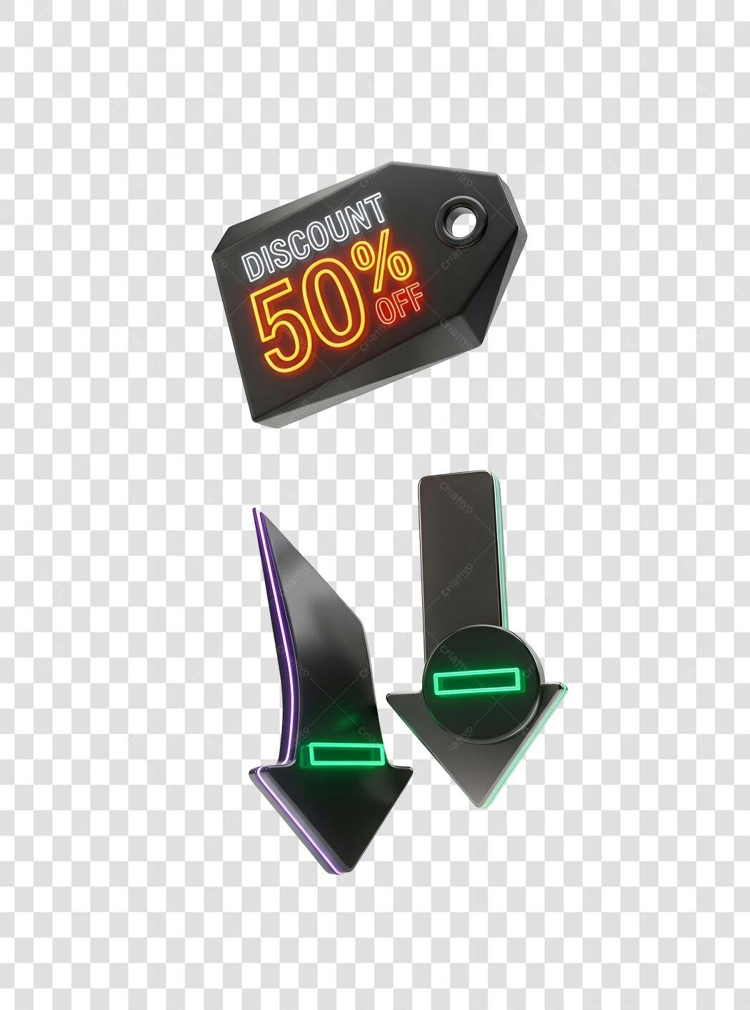Selo de Desconto 50% Off e Flechas Neon para Promoção PNG com fundo transparente