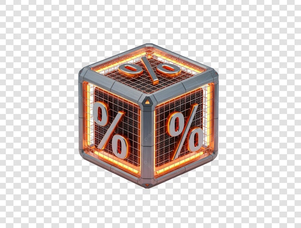 Ícone 3D de Porcentagem Cubo Metálico Laranja para Promoção Venda PNG com fundo transparente