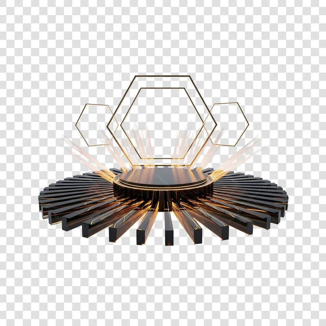 Palco 3D Pódio Moderno Hexagonal Dourado Preto PNG com fundo transparente
