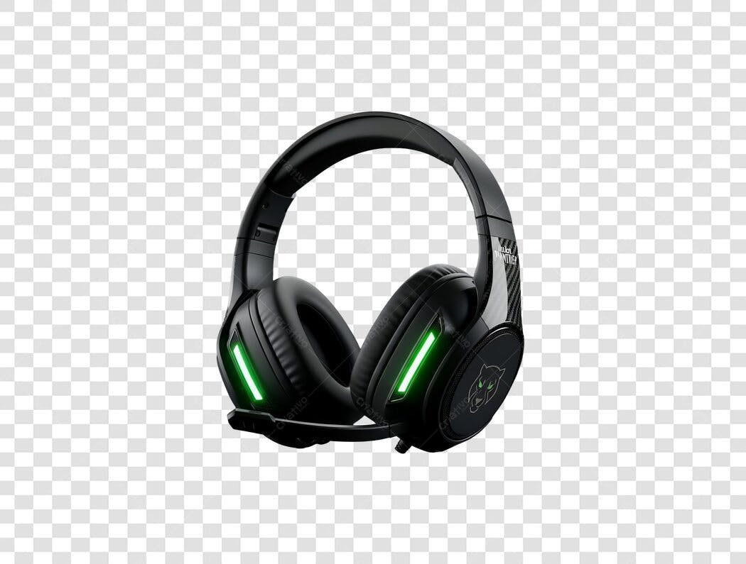 Fone de ouvido gamer preto com luzes verdes neon microfone PNG com fundo transparente