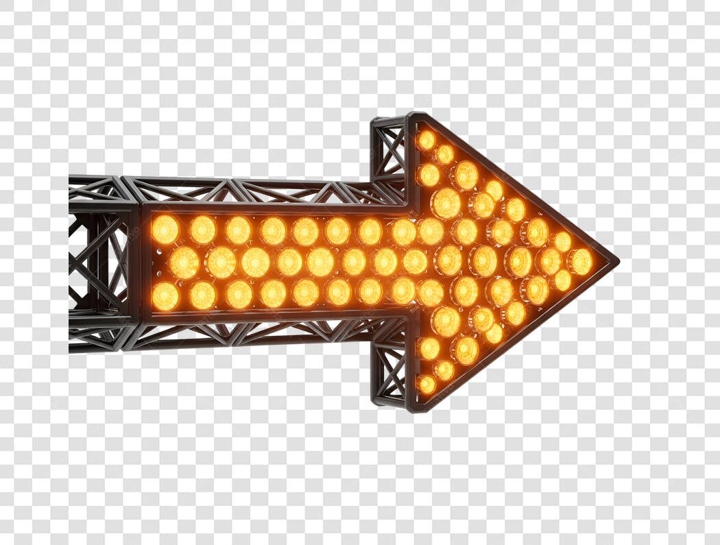 Seta luminosa direcional com luzes amarelas estrutura metálica PNG com fundo transparente