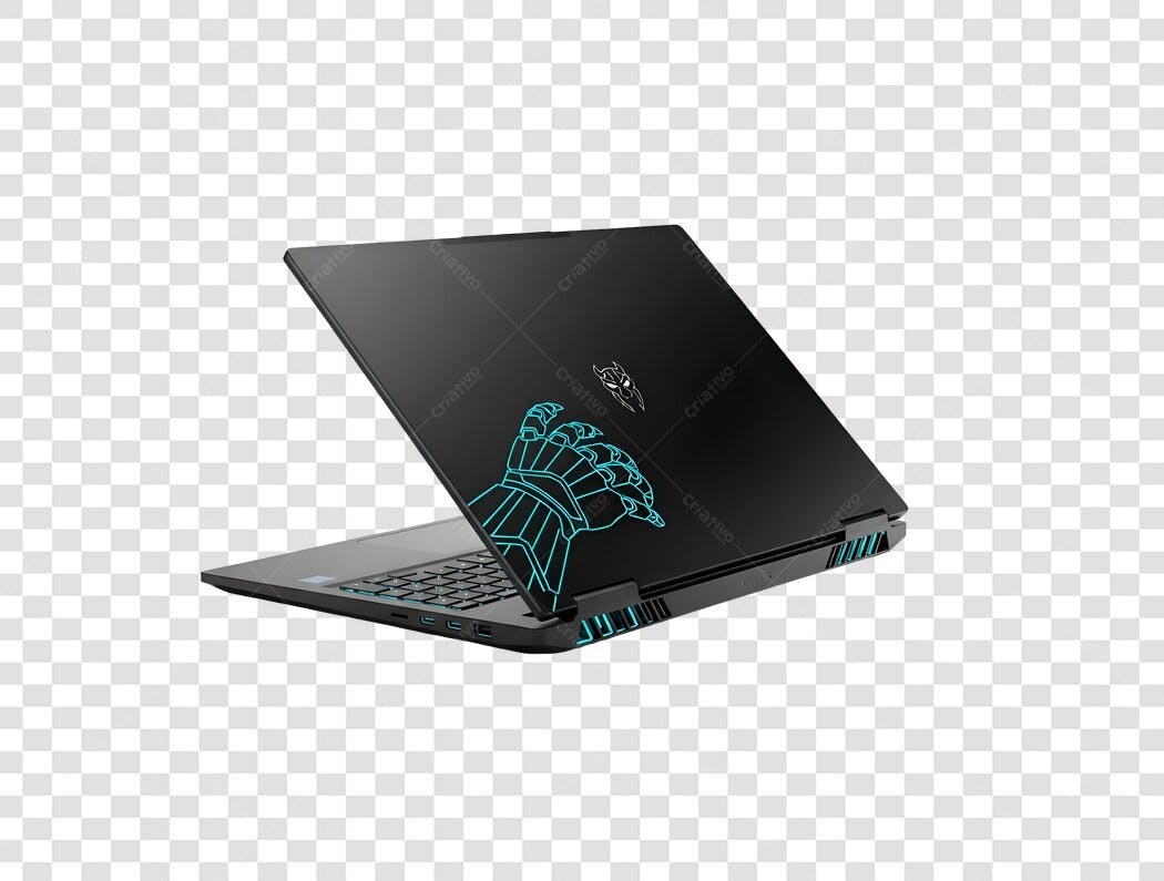 Laptop Gamer preto detalhes azuis mão robótica PNG com fundo transparente