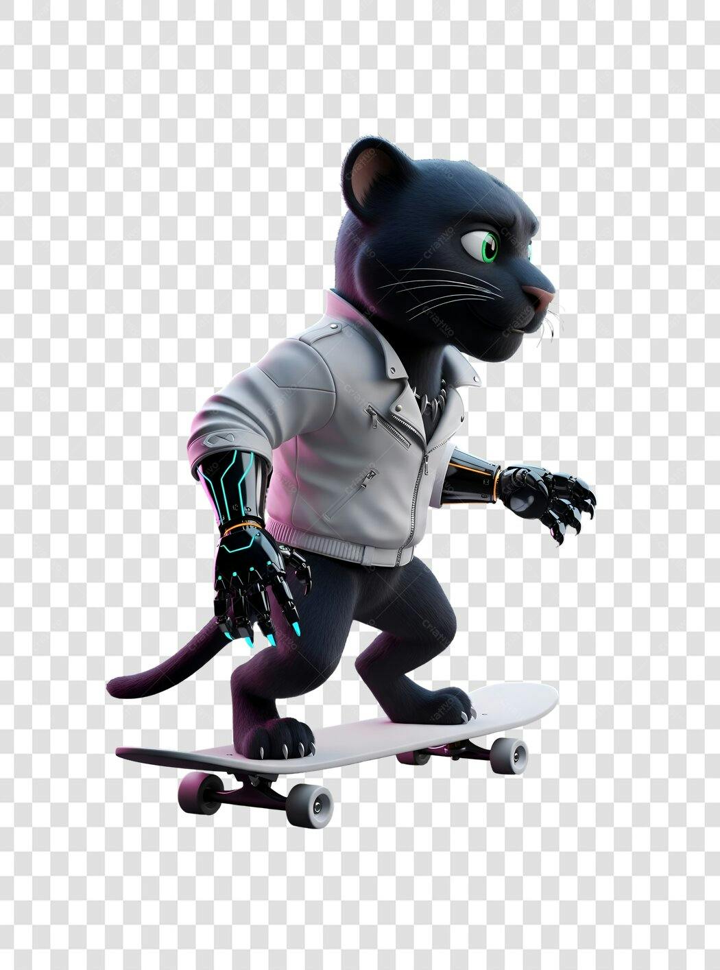 Mascote Pantera Negra Skatista Cyberpunk Jaqueta Branca PNG com fundo transparente