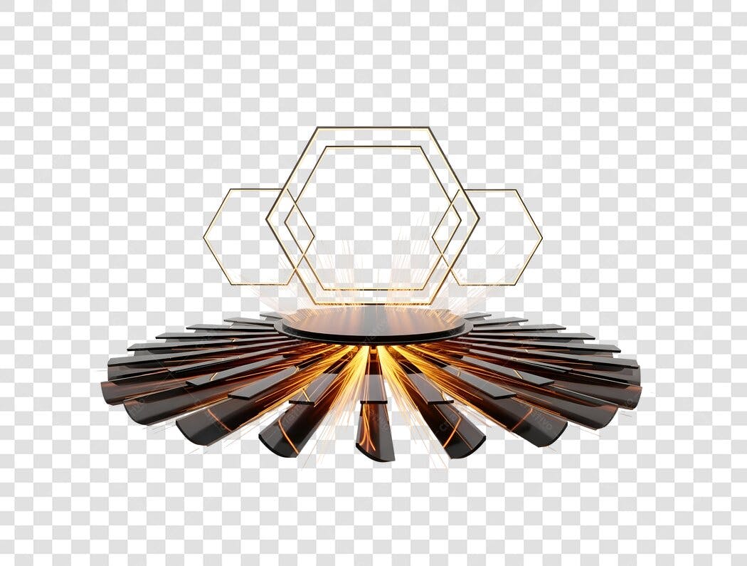 Display 3D Luxo Hexágonos Dourados Luzes Laranja PNG com fundo transparente