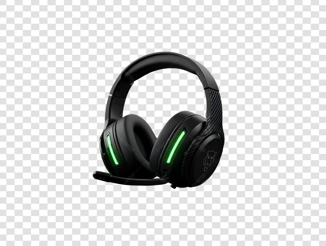 Fones de ouvido gamer pretos com luzes verdes microfone PNG com fundo transparente