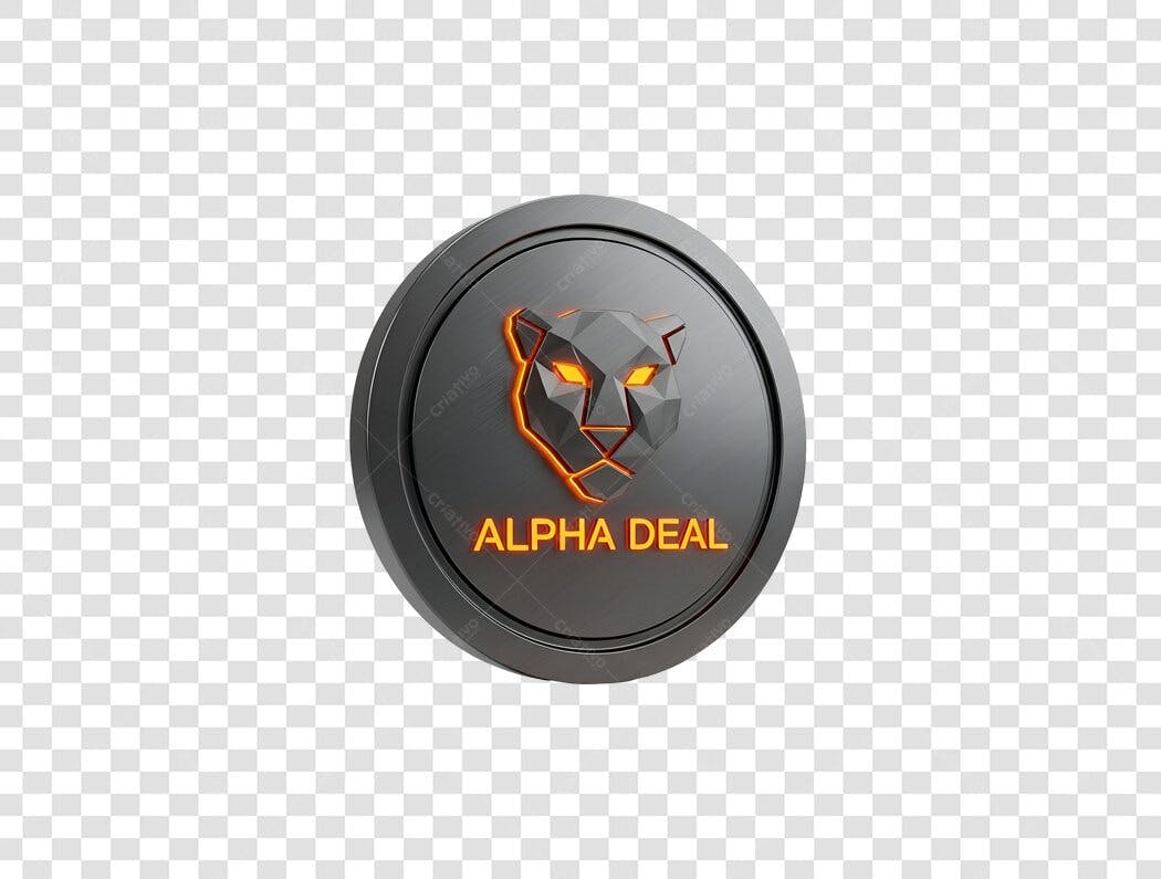 Logotipo Alpha Deal com pantera geométrica e olhos laranja brilhantes PNG com fundo transparente