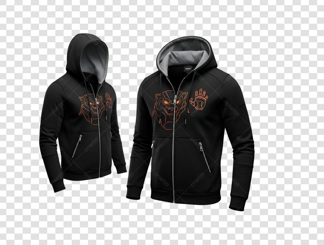 Mockup Moletom Preto Capuz Estampa Pantera Mão PNG com fundo transparente