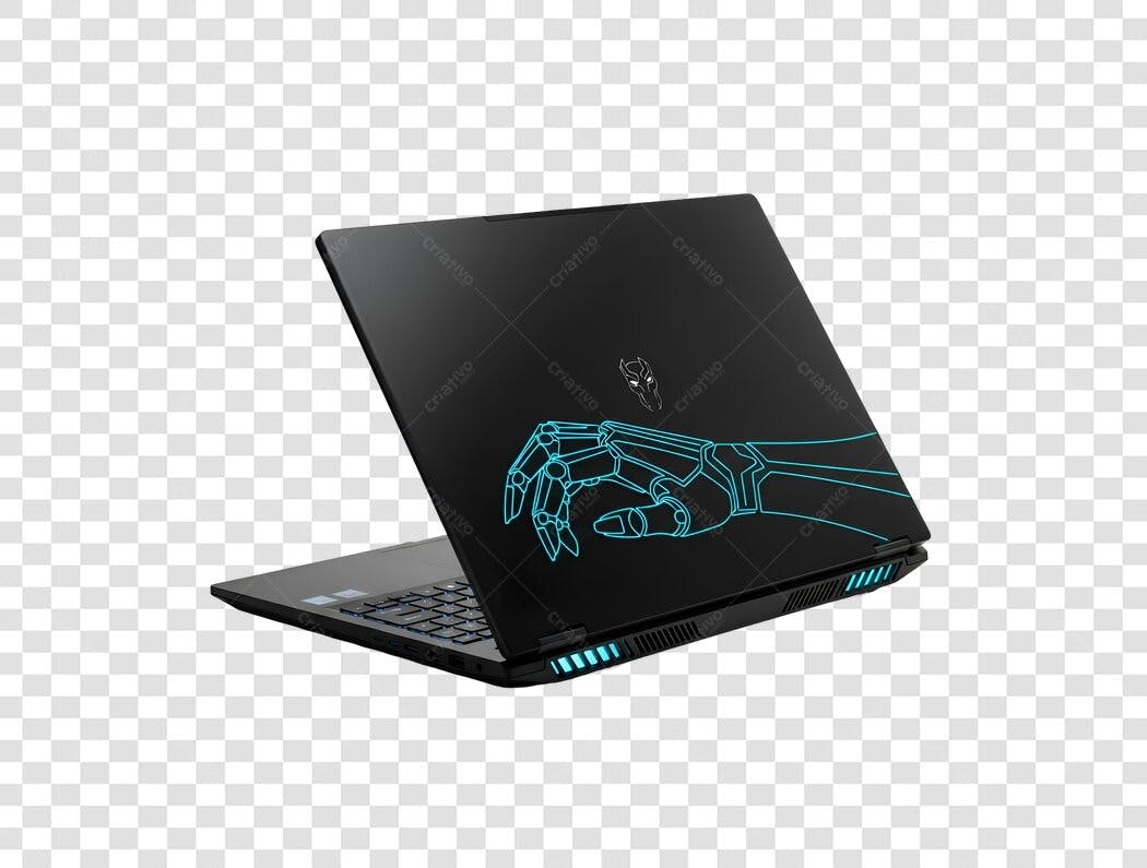 Laptop gamer preto com mão cibernética azul e máscara PNG com fundo transparente