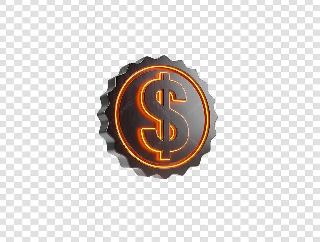 Selo 3D Dólar com Brilho Laranja Metálico PNG com fundo transparente