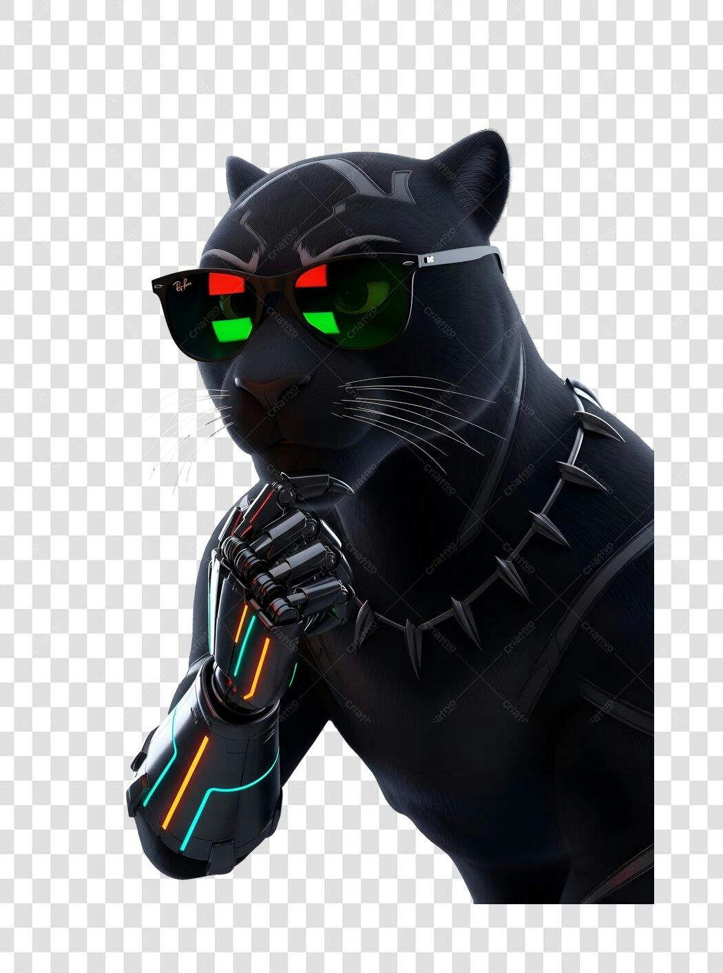 Ilustração Pantera Negra cyberpunk com óculos de sol e braço robótico PNG fundo transparente