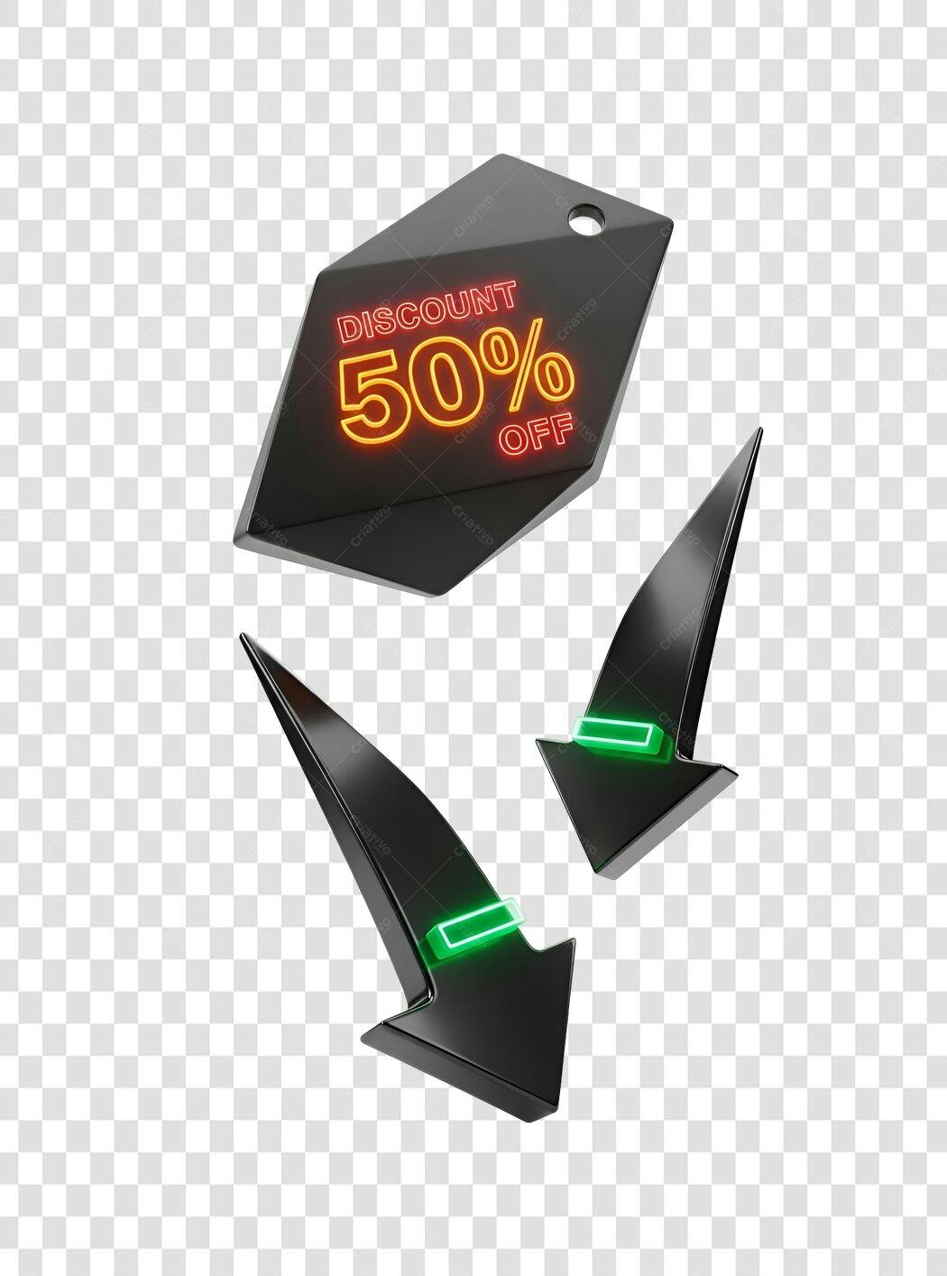 Selo de Desconto 50% OFF e Setas Promocionais Verde Neon PNG com fundo transparente