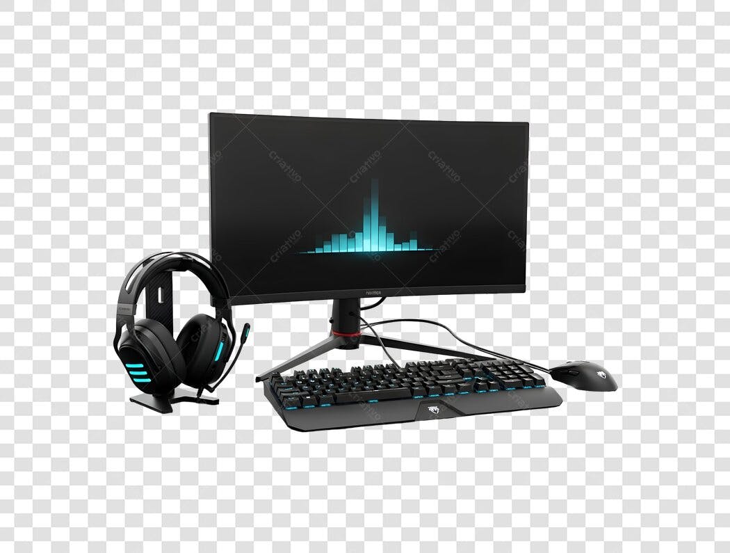 Equipamento Gamer Monitor Fone Teclado Mouse Iluminação Azul PNG com fundo transparente