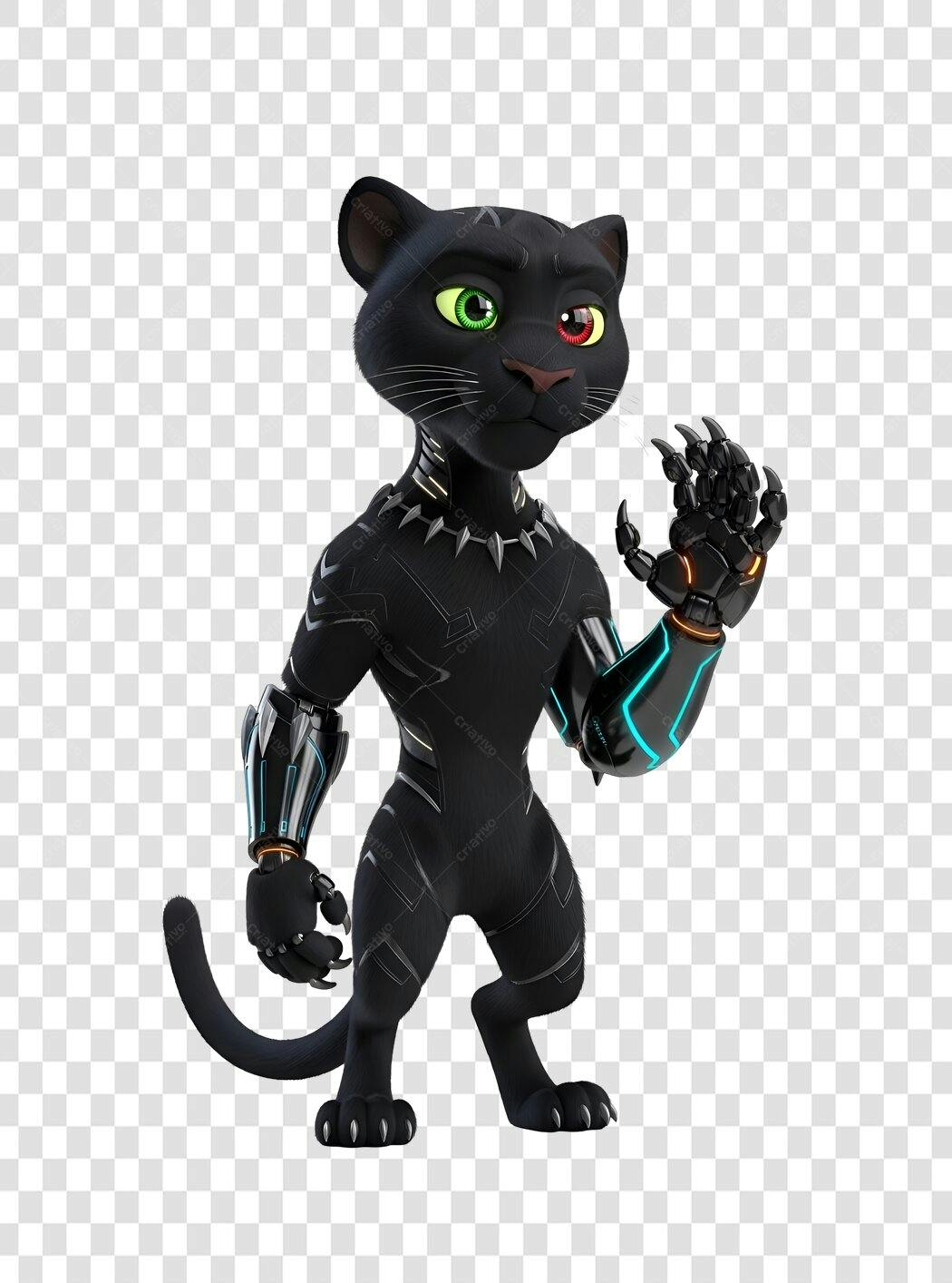 Mascote Pantera Negra Cibernética 3D Olhos Diferentes PNG com fundo transparente