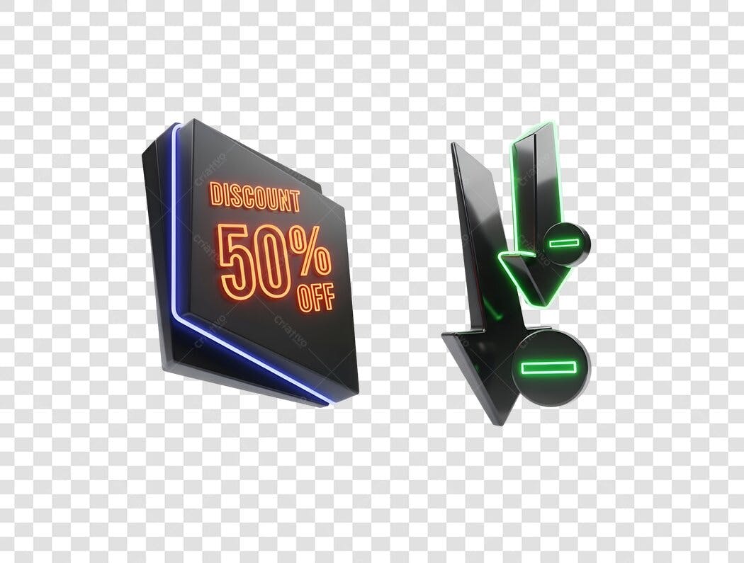 Elemento Gráfico Promoção Desconto 50% Off neon laranja verde azul PNG com fundo transparente