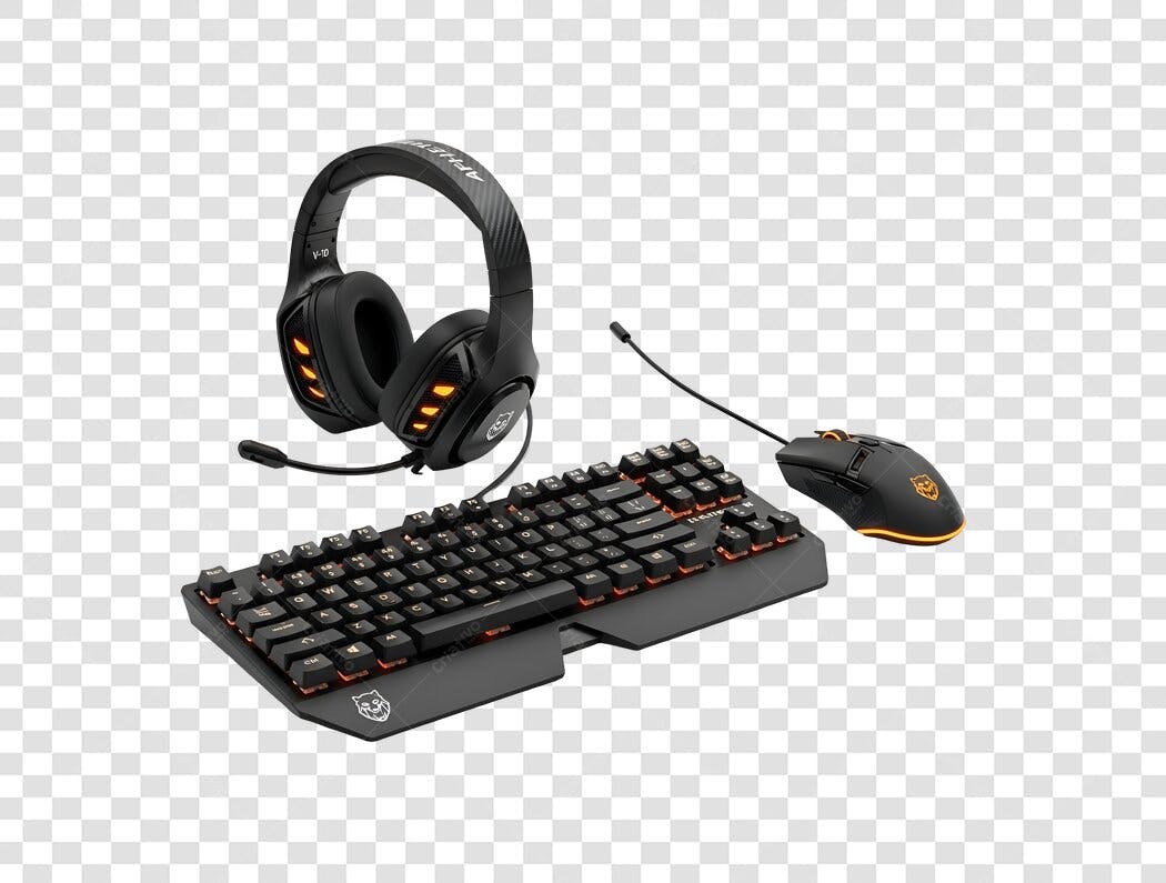 Conjunto Gaming Teclado Mouse Headset Preto Laranja Moderno PNG com fundo transparente