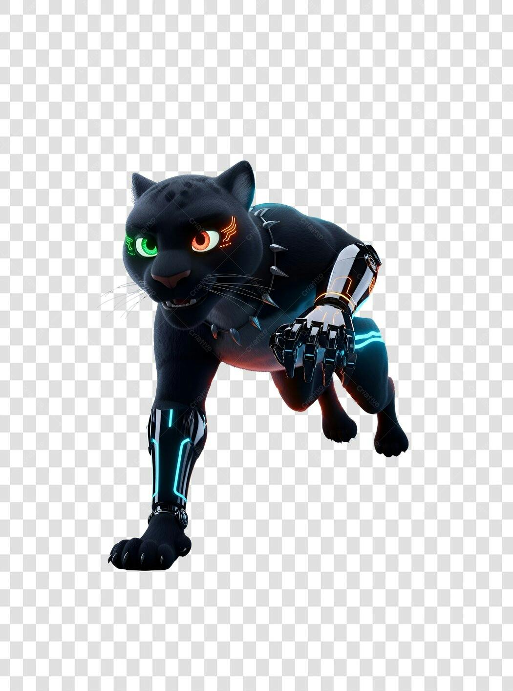 Personagem Pantera Negra Robótica Olhos Neon Verde Laranja PNG com fundo transparente