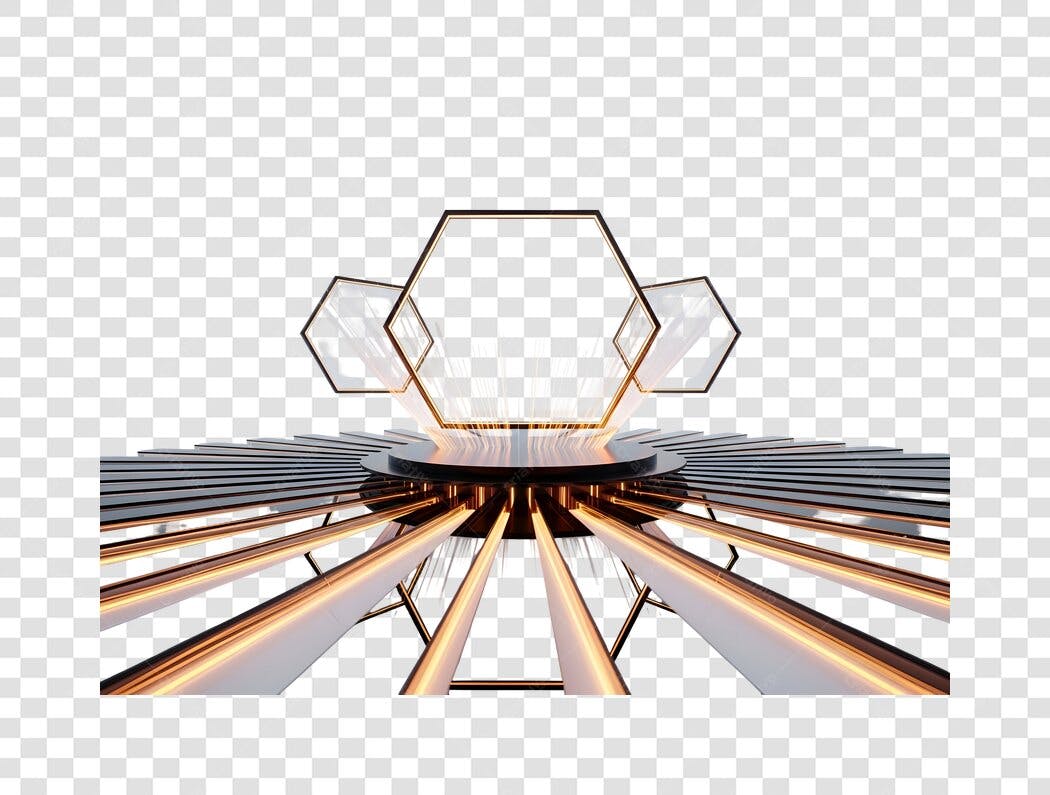 Palco 3D futurista tecnologia dourado preto hexágonos PNG com fundo transparente