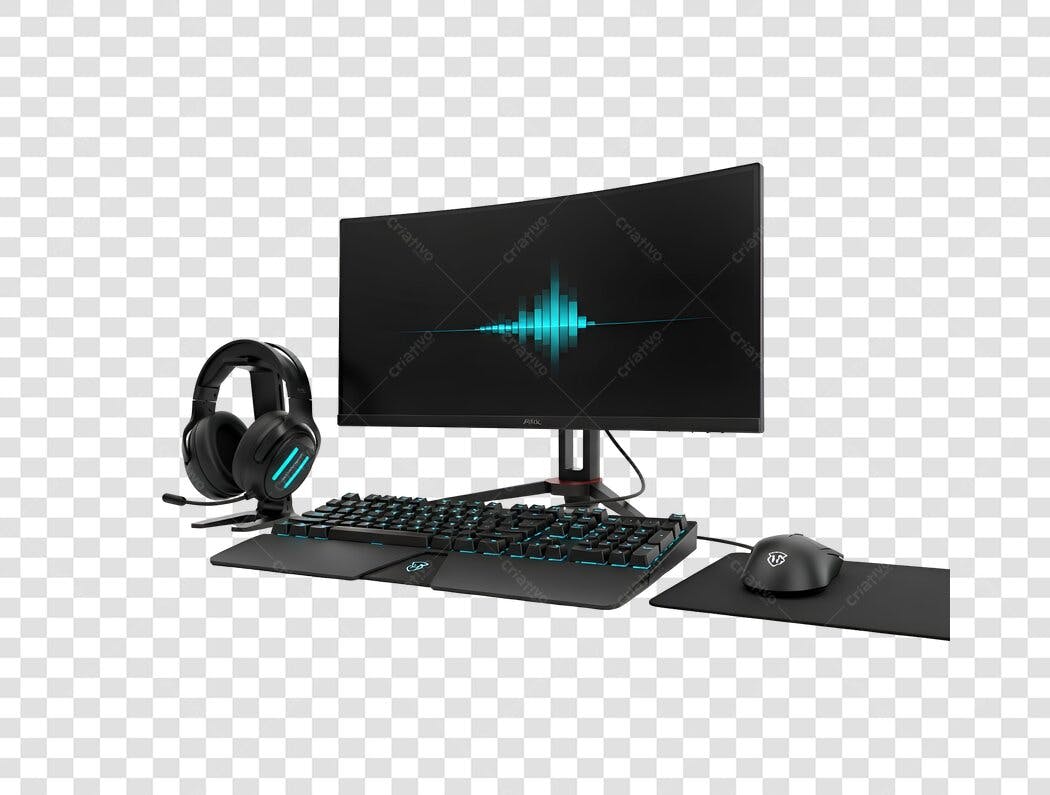 Setup Gamer Completo Periféricos Curvo Teclado Headset Mouse Preto Azul PNG com fundo transparente