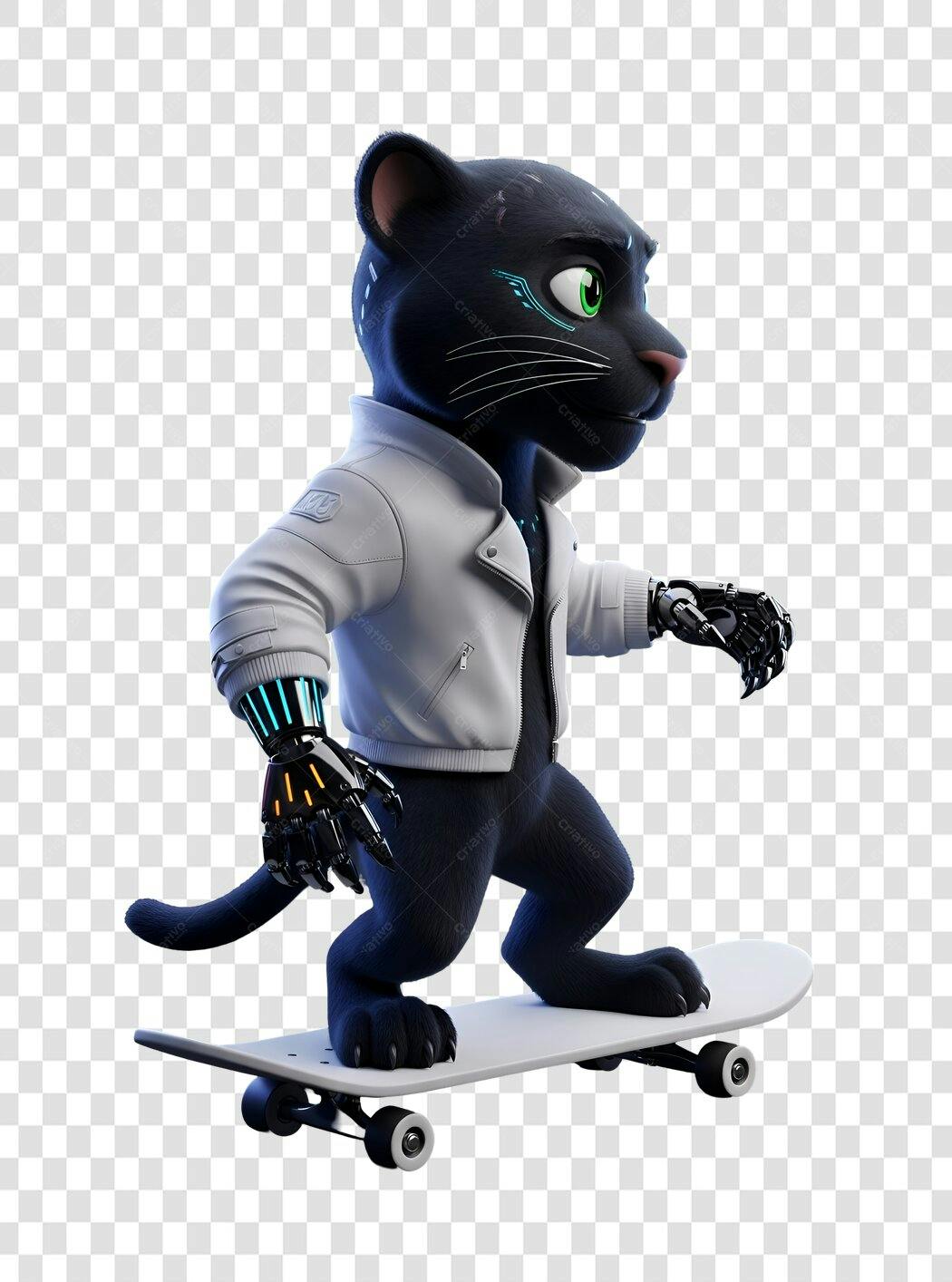 Ilustração Pantera Negra Ciborgue Skatista Jaqueta Branca Verde Neon PNG com fundo transparente
