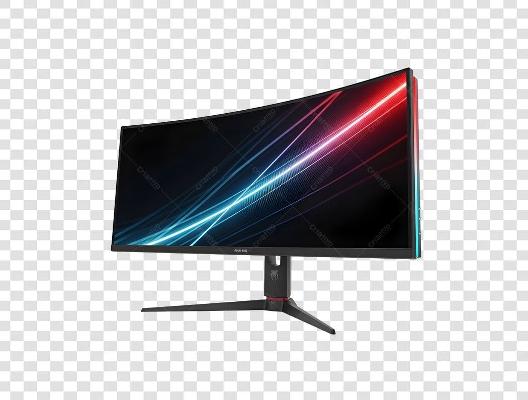 Monitor Curvo Gamer com Neon Vermelho e Azul PNG com fundo transparente