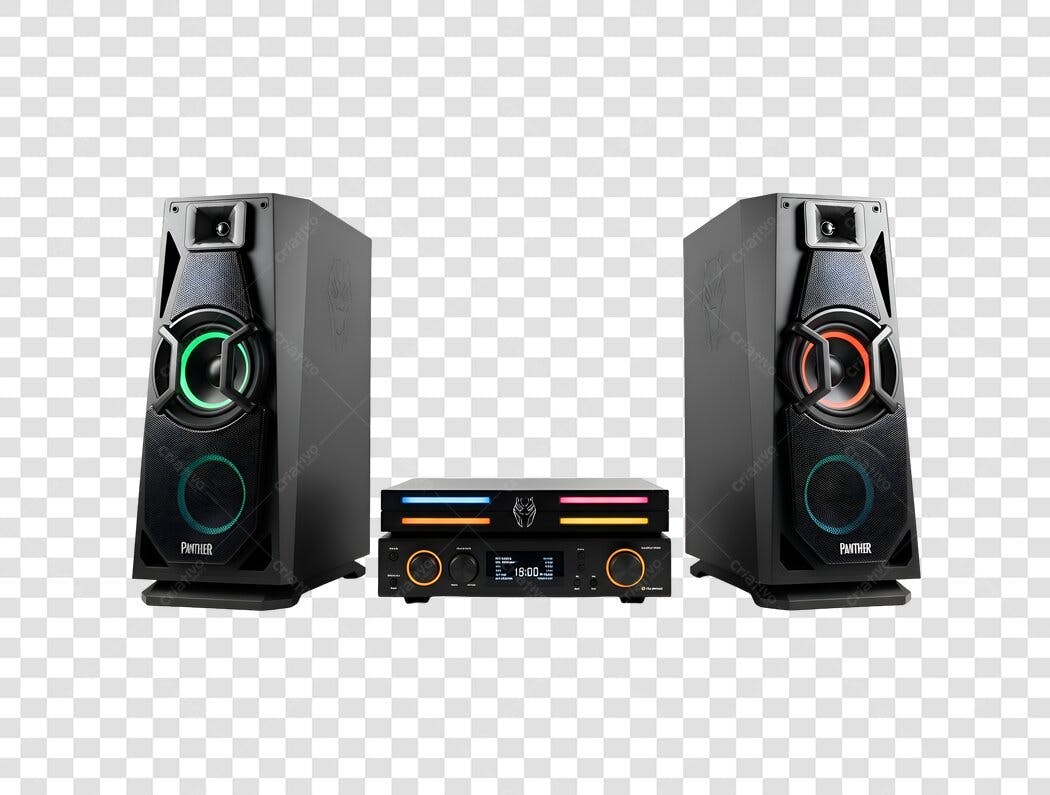 Sistema de Áudio Gamer Moderno Preto com Luzes LED PNG com fundo transparente