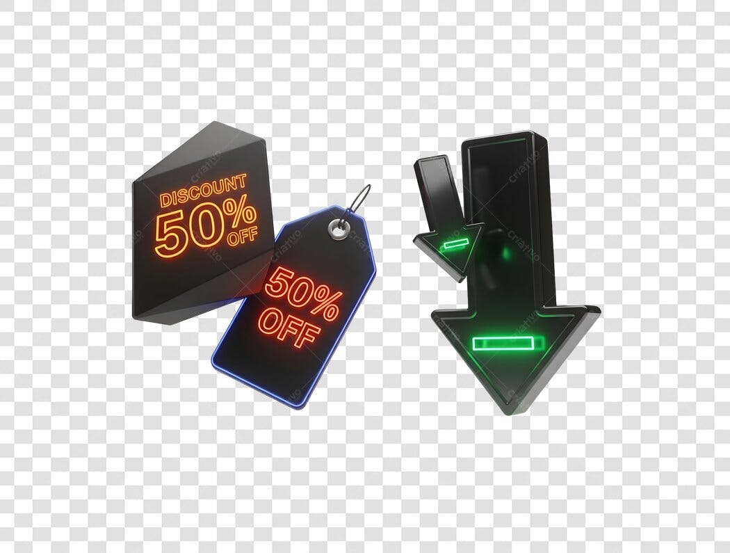 Selo de Desconto 50% OFF Neon e Seta para Baixo Promoção PNG com fundo transparente