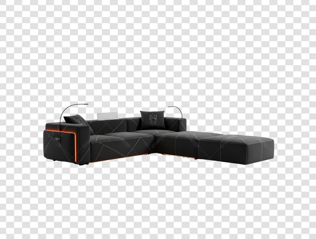 Sofá modular gamer preto com luz LED laranja PNG com fundo transparente