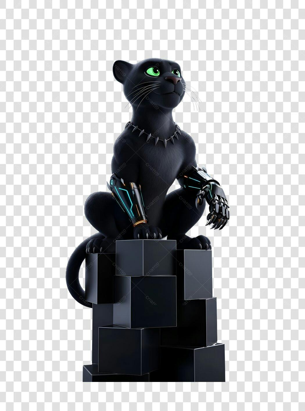 Personagem 3D Pantera Negra Robótica Olhos Verdes Azul Laranja PNG com fundo transparente