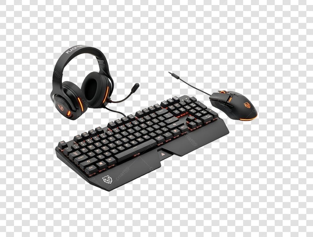 Kit Gamer Teclado Mouse Headset Preto Laranja PNG com fundo transparente