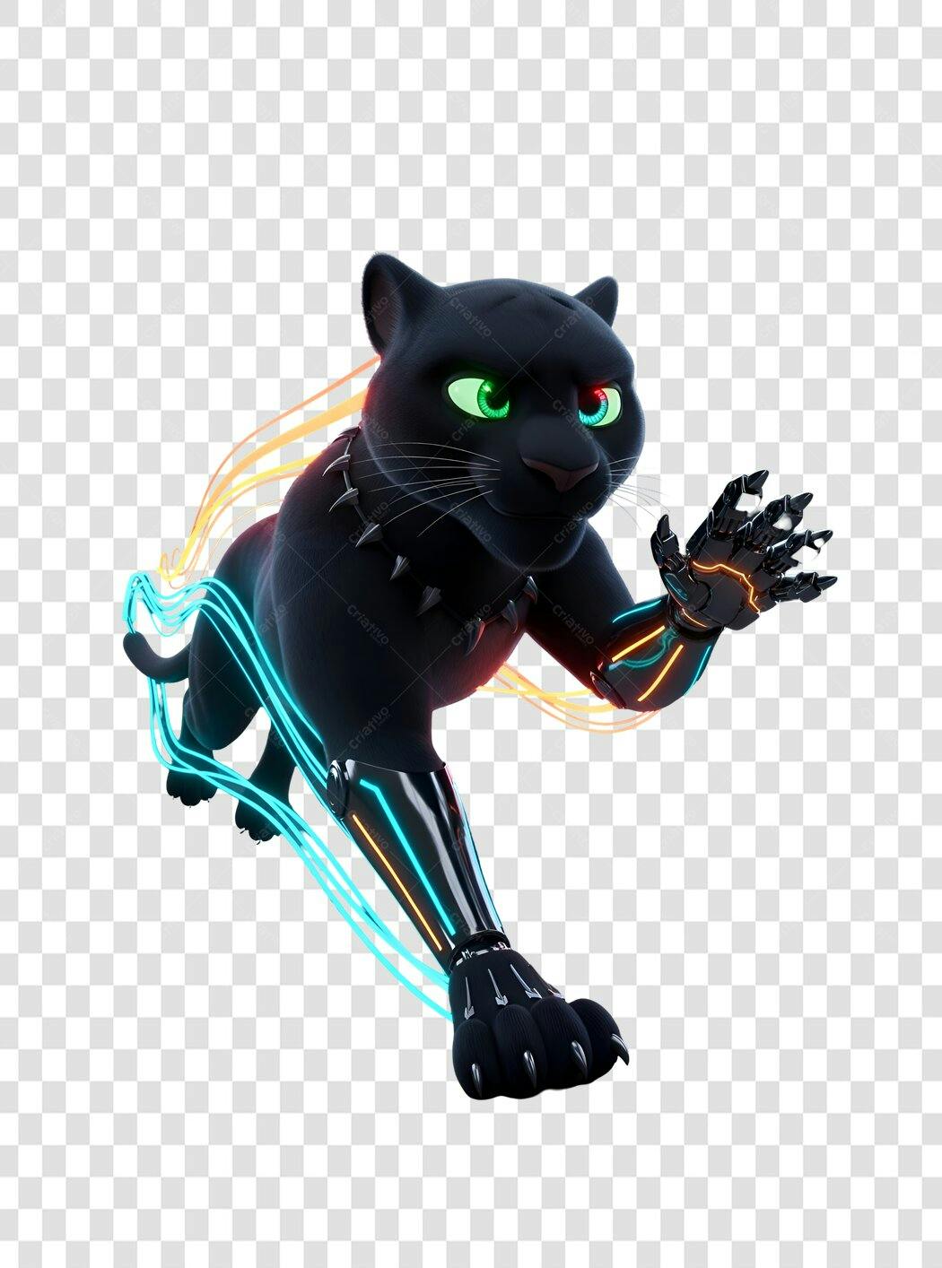 Mascote 3D Pantera Negra Cibernética Futurista Olhos Verdes Neon PNG com fundo transparente
