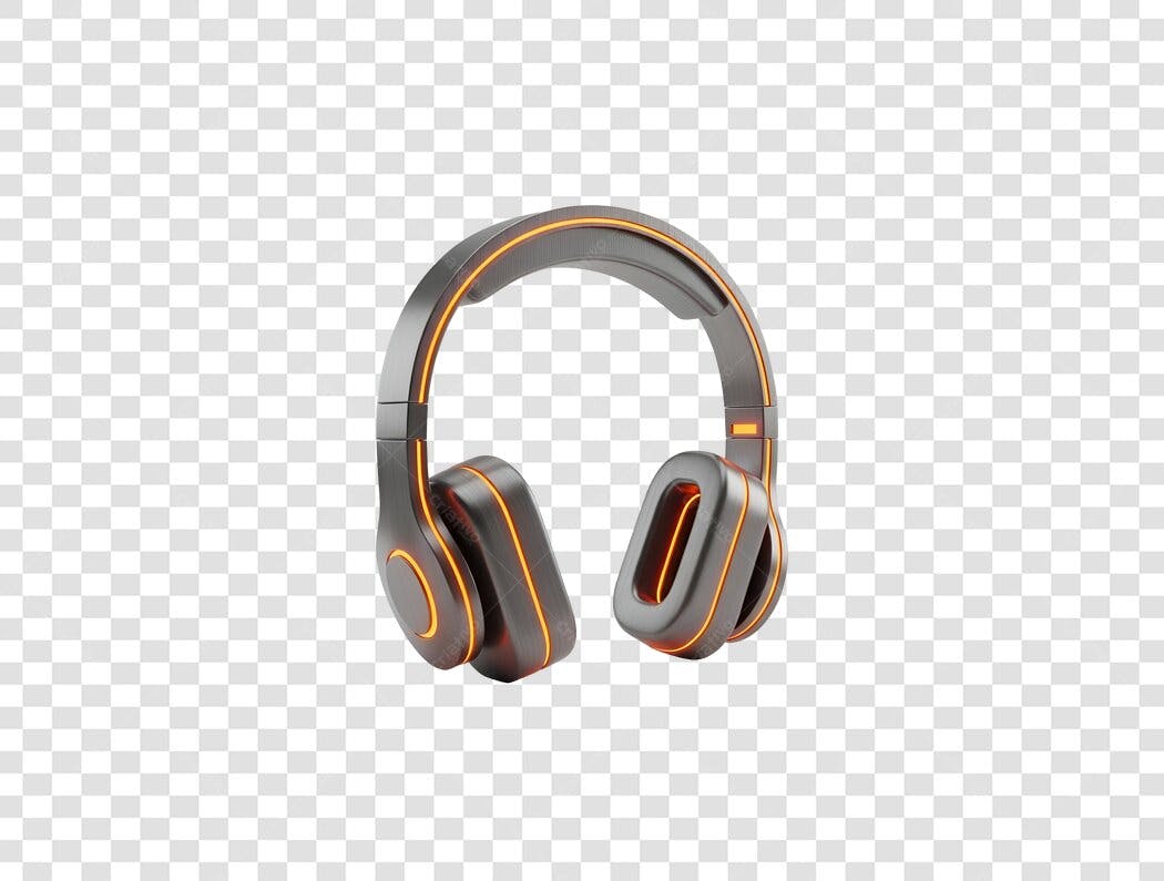 Ícone Fone de Ouvido 3D Moderno Preto Laranja Neon Luminoso PNG com fundo transparente