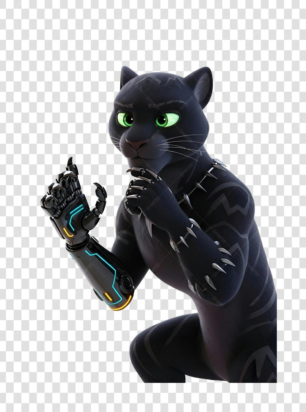 Ilustração 3D Pantera Negra Cibernética Robótica Olhos Verdes PNG com fundo transparente