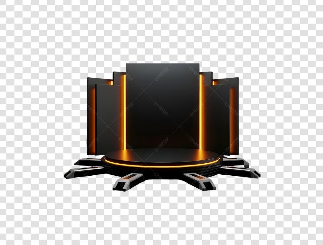 Palco 3D futurista preto e laranja neon para lançamento de produto PNG com fundo transparente