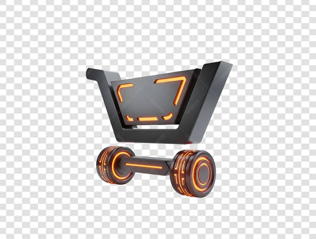 Ícone Carrinho de Compras Neon Laranja e Preto 3D PNG com fundo transparente