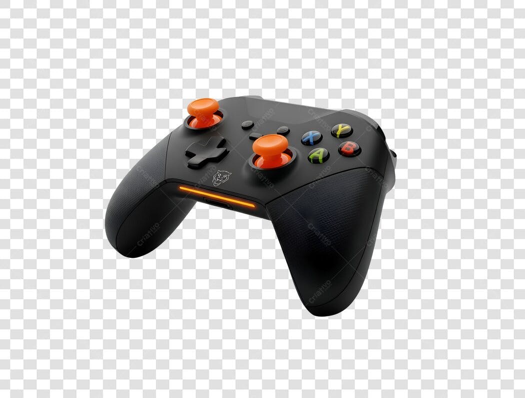 Controle de Jogo Gamepad Preto e Laranja com Botões Coloridos PNG com fundo transparente